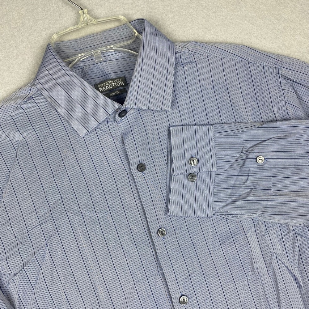 Kenneth Cole Reaction Mens Slim Fit Blue Striped Dress Shirt 15.5 32-33 NEW